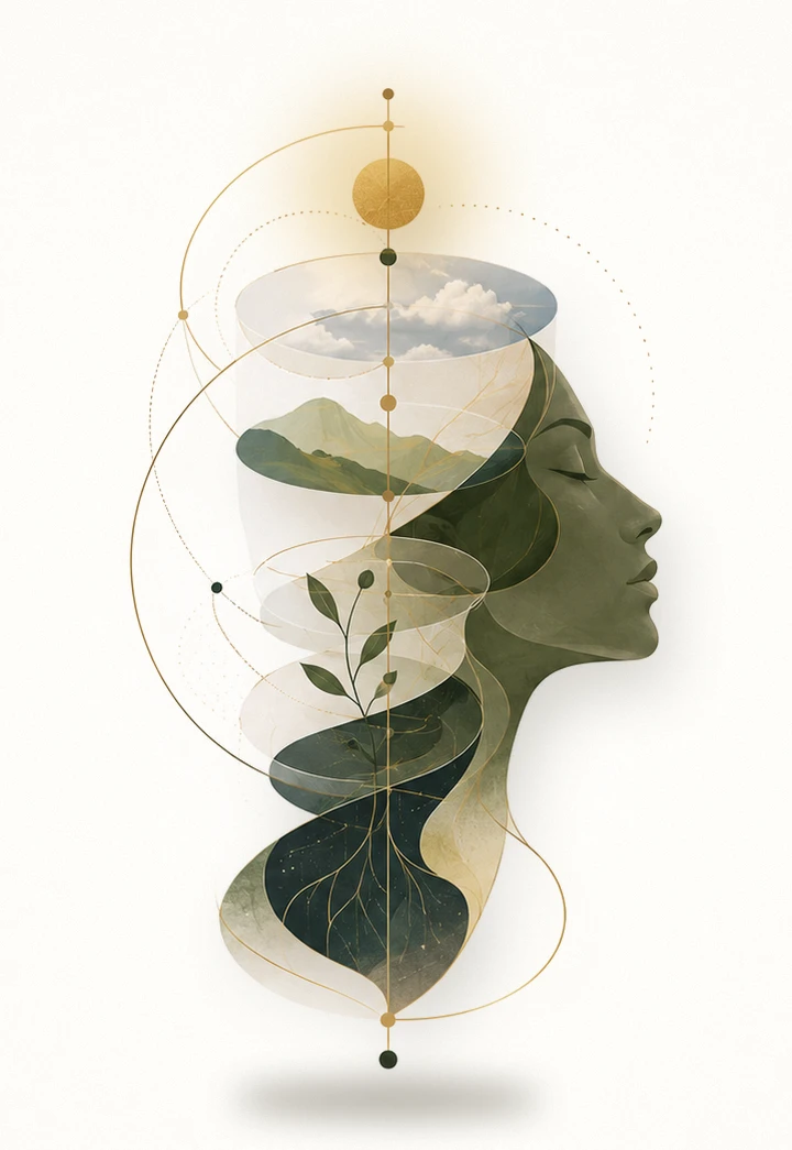 Drishta emblem: a face in profile, eyes closed, with sky, hills, a seedling and roots layered through the mind along a gold axis